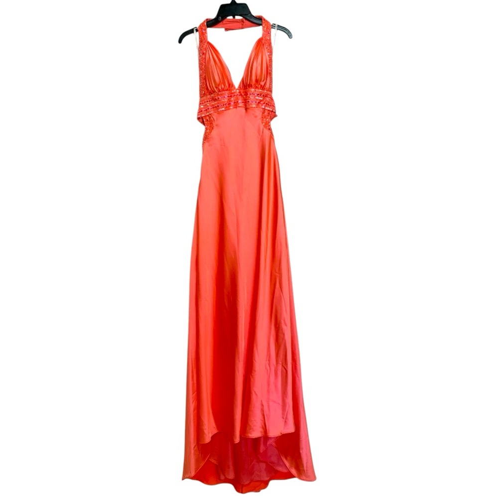 Long Formal Gown prom Dress Coral Color Sequins Cut Out Backless